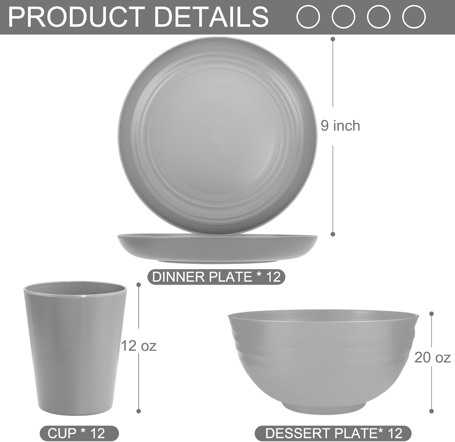 LIYH 36 PCS Grey Wheat Straw Dinnerware set - Plates and Bowls Set,Dishwasher & Microwave Safe Plastic Plates Reusable,Unbreakable Plastic Dinnerware,Plate for Camping Dishes Gray
