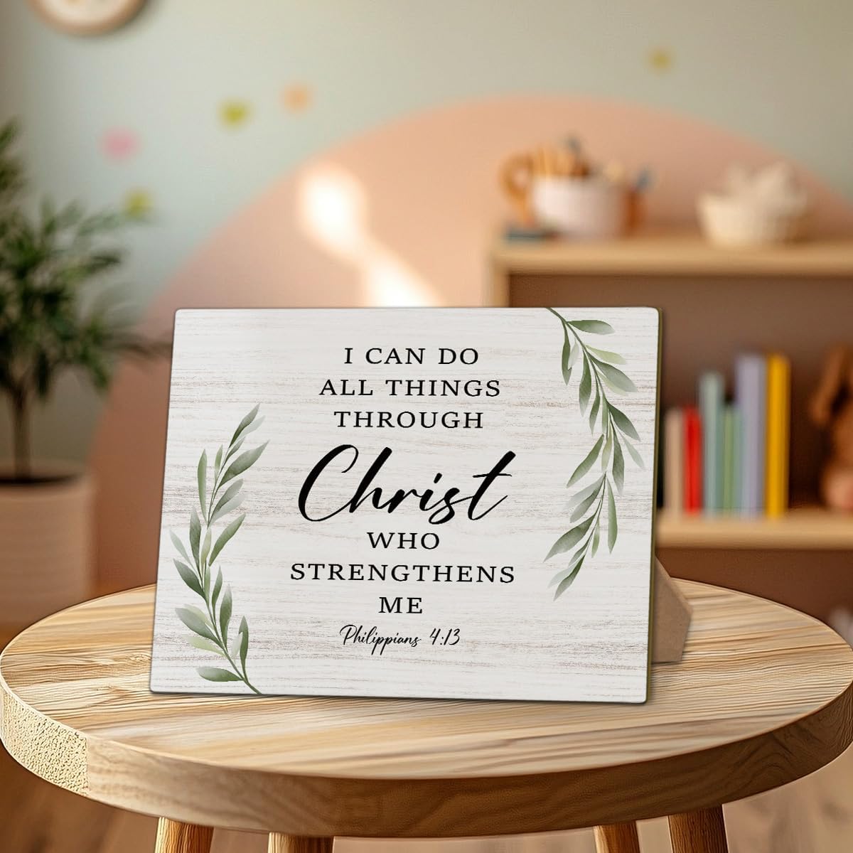 Bible Verse Philippians 4:13 - I Can Do All Things Through Christ Who Strengthens Me Sign, Home Bedroom Office Desk Decorations Jesus Decor, 8x11 Inch Greenery Wooden Sign with Stand-24 image 5