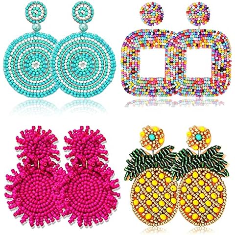 4 Pairs Beaded Earrings for Women Boho Geometric Beaded Dangle Earrings Statement Pineapple Flower Drop Earrings Colorful Summer Earrings Set Jewelry Gift (Style D) Cover