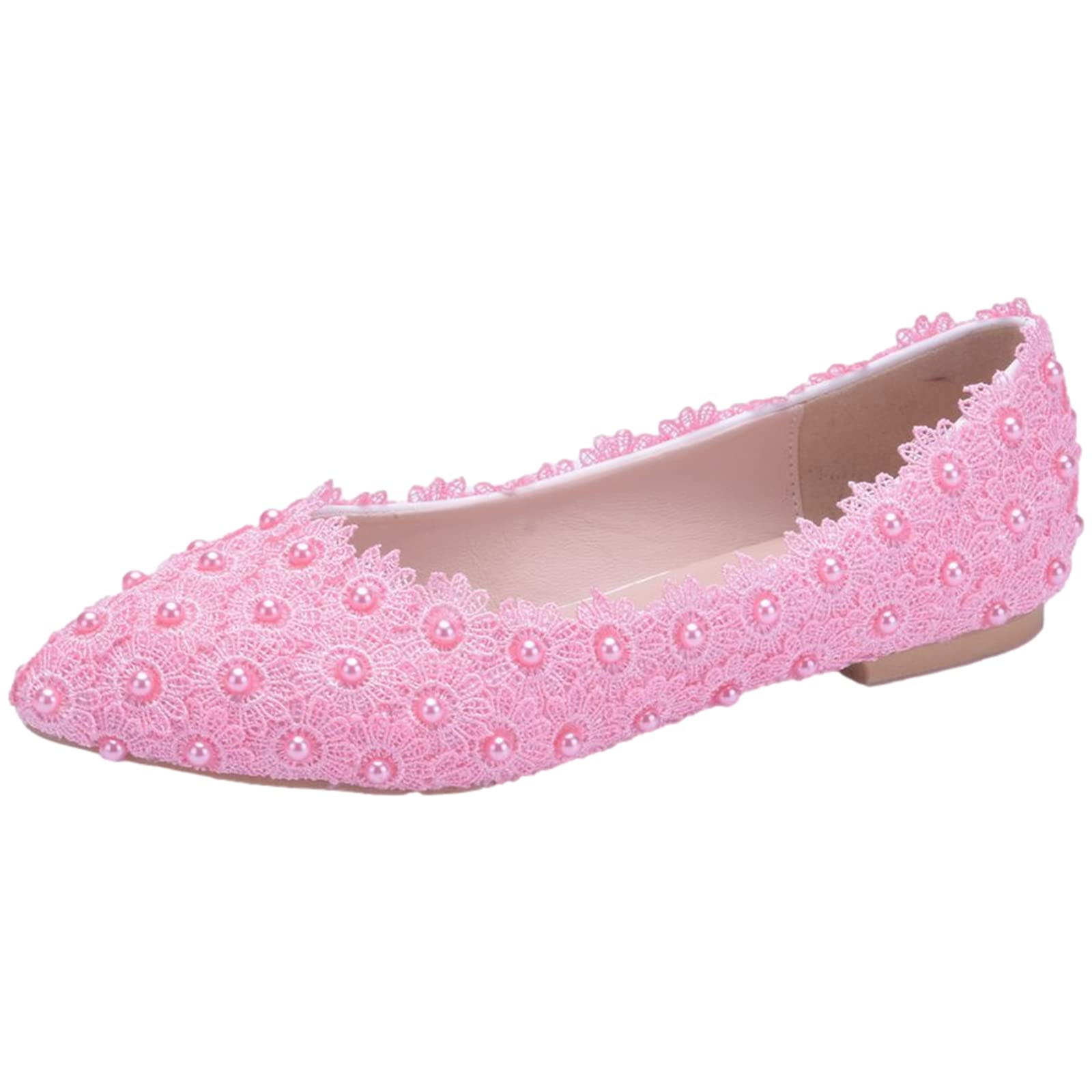 Damen Elegant Spitze Zehen Blume Spitzenbesatz Perlen Brautschuhe Pumps Weiche Sohle Ballerinas