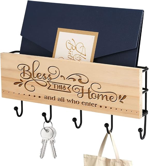 ANQIYI Wooden Key Holder for Wall, Wall Mounted Key Letter Racks with 5 Hooks, Key Hanger Organiser for Entryway, Hallway, Kitchen, Office