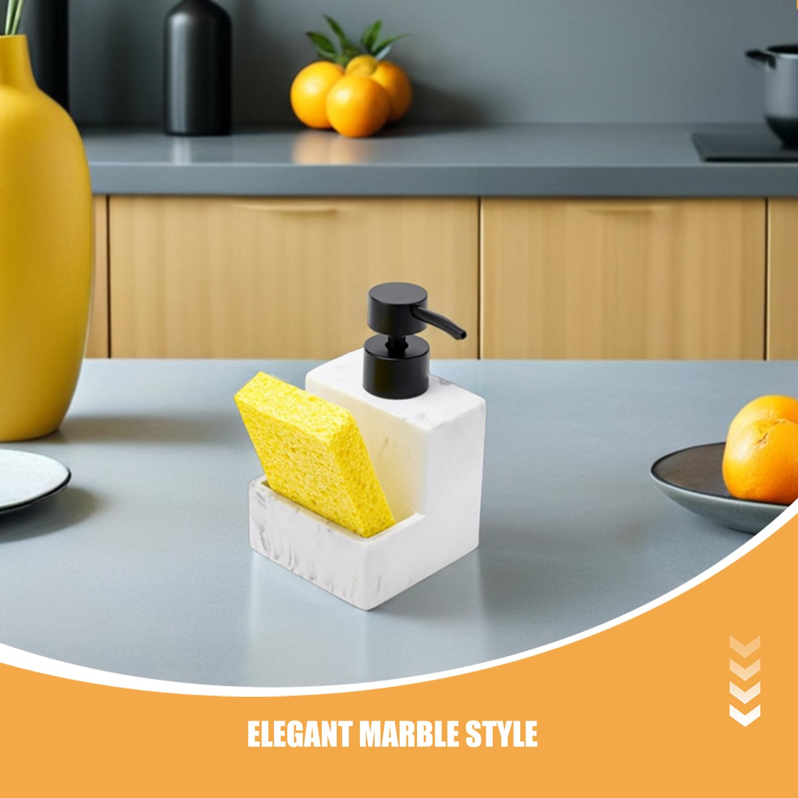 DOITOOL Dispenser di Detersivo per Piatti e Porta Spugna in Resina Effetto Marmo, Set Multifunzionale per Cucina e Bagno, Contenitore Organizzatore per Lavello da Banco, Erogazione