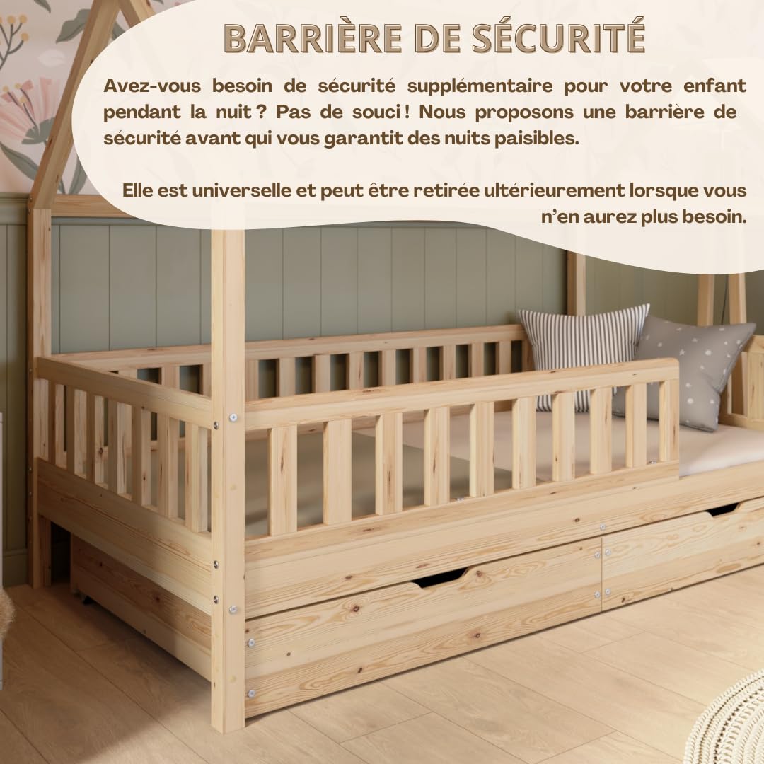 Crazy Blanco Lit de maison avec tiroirs, 90 x 200 cm, en bois naturel, avec protection anti-chute, design scandinave, lit de sol Montessori avec espace de rangement supplémentaire