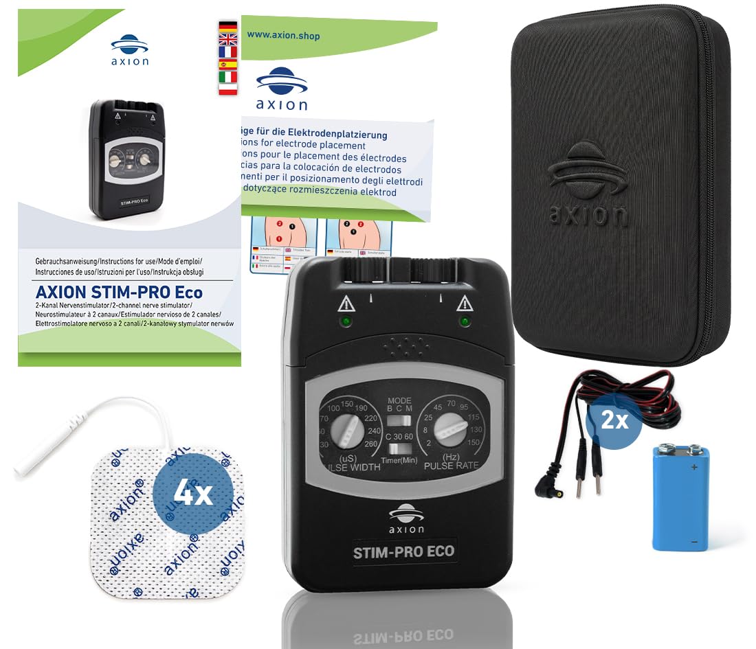 axion® TENS-Gerät zur Schmerztherapie STIM-PRO ECO - Medizinprodukt | Manuell einstellbares TENS-Gerät zur gezielten Reizstrom-Schmerztherapie mit 4 5x5cm Elektroden Pads & (9V Einwegbatterie)