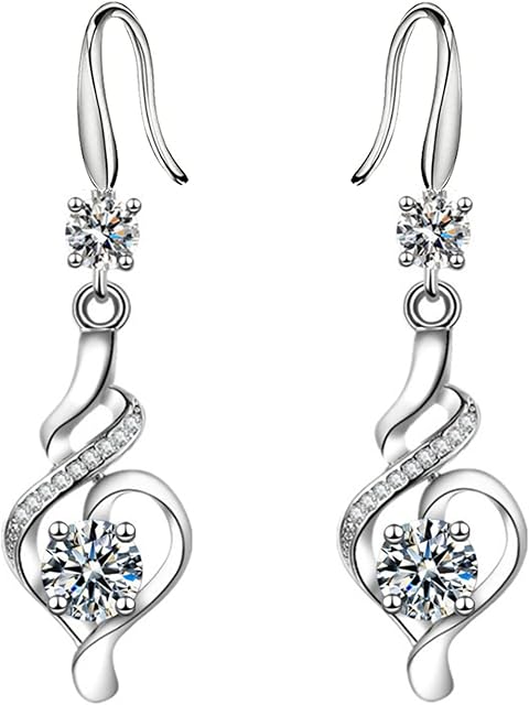Dangly Earrings for Women, Silver Drop Earrings for Girl, Dangle Earrings with Cubic Zirconia Heart Shaped Hypoallergenic Earring for Sensitive EarsJewellery Birthday Anniversary Christmas