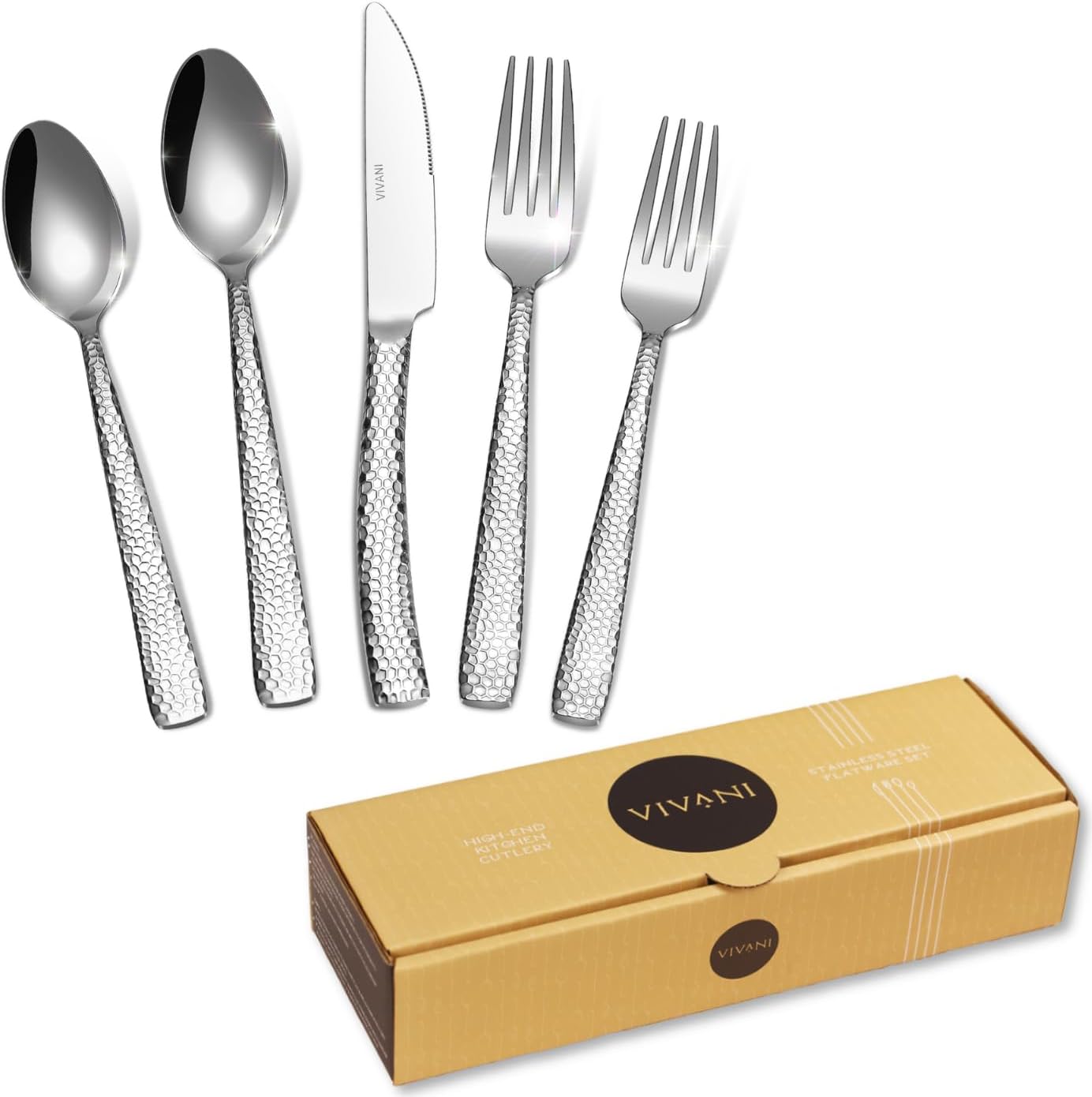 VIVANI 20-Piece Heavy Duty Silverware Set for 4, Premium 18/0 Stainless Steel Flatware with Double-Sided Hammered Design, Dishwasher Safe Cutlery Utensils for Everyday Dining, Parties & Restaurants