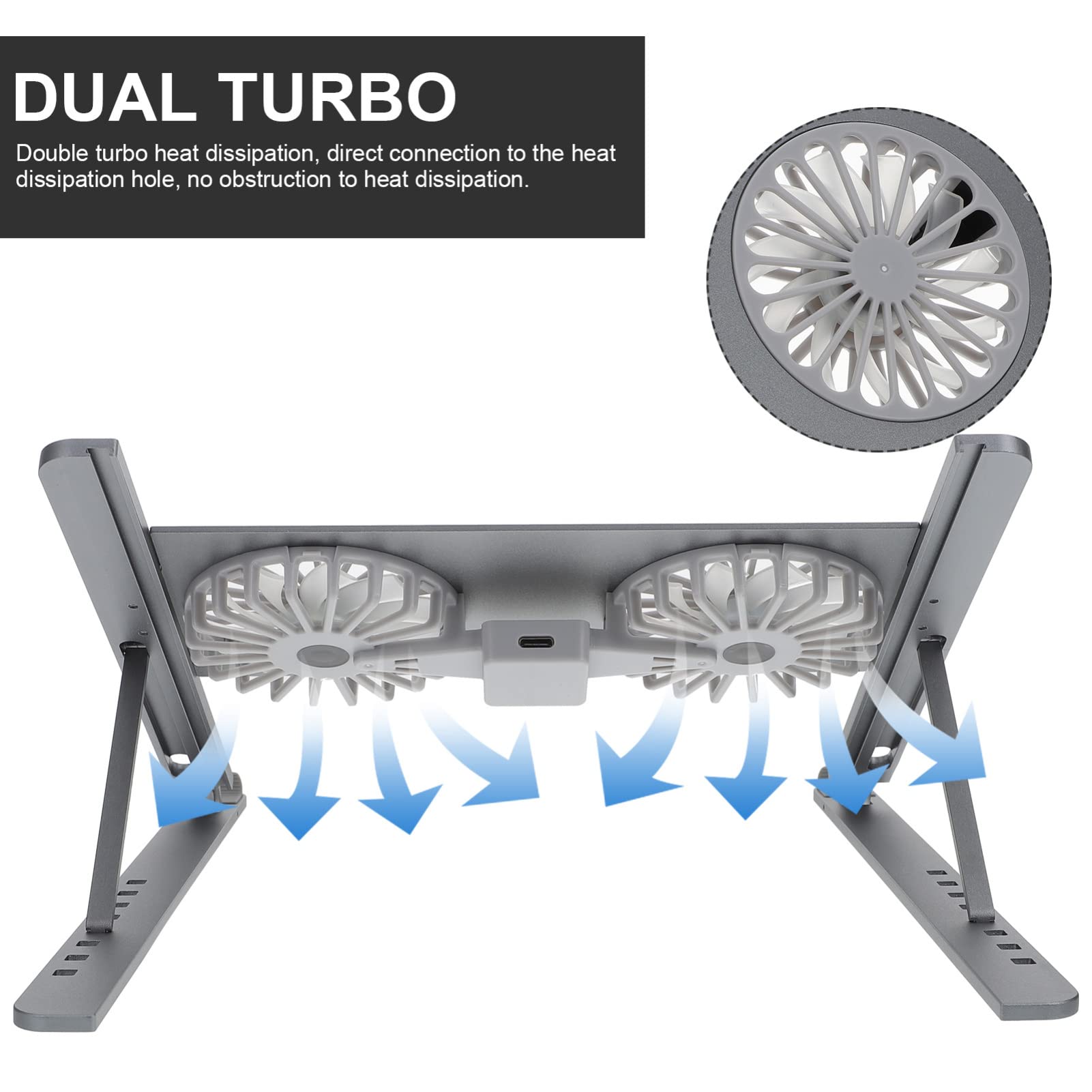 Supporto Notebook Ventilato in Lega di Alluminio Doppia Dissipazione e Aspirazione a Turbina, Base di Raffreddamento Regolabile per Laptop e Tablet