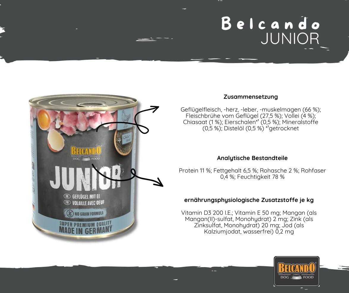 Belcando Junior Geflügel mit Ei 2x6x800g – Nassfutter für Welpen & Junghunde, hochwertiges Aufzuchtfutter mit Geflügel, schonend gegart - Hundefutter Bundle/Sparpaket - Made in Germany