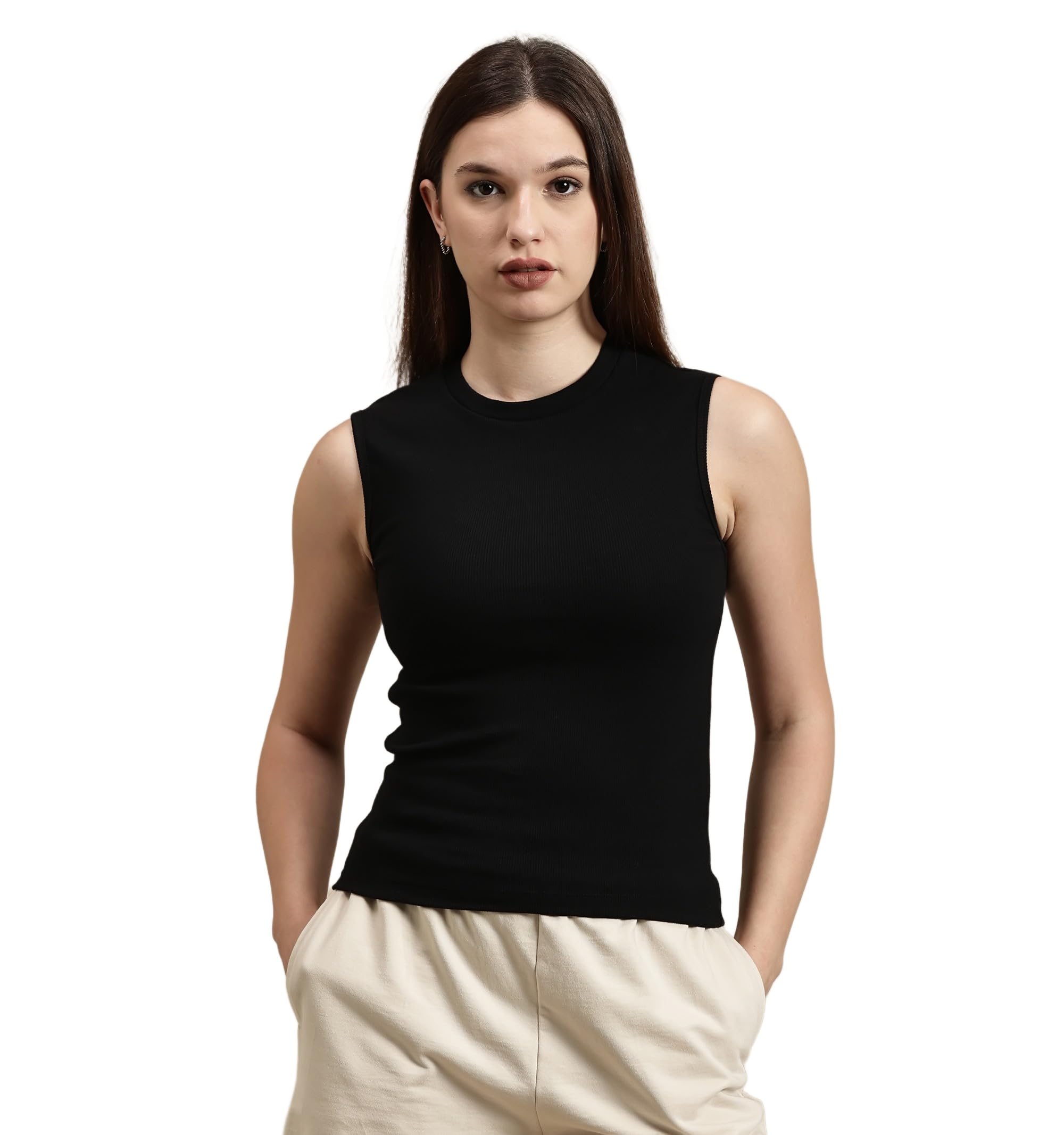 ecolore less is more Women Crew Neck Sleeveless Top Cotton Knit Round Neck Slim Fit Casual Pull On Everyday Wear for Jeans Trousers Skirts Comfortable Minimal Everyday Topwear-picture-28