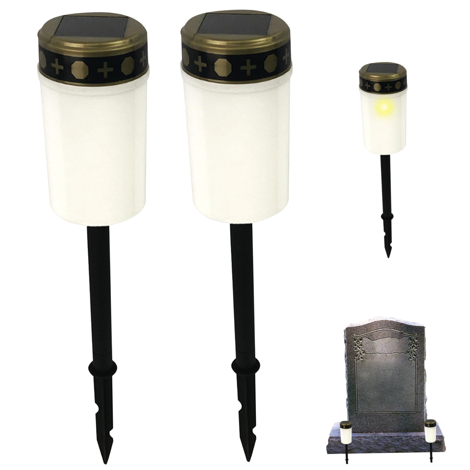 Obelunrp Solar Cemetery Lights for Grave, 2pcs 14inch LED Flameless Memorial Lights, Waterproof Stake Light for Grave Decorations Memorial Gifts(White)
