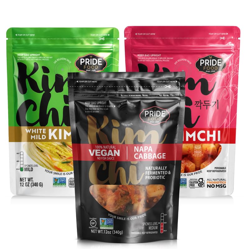 Image of BINGGRE KIMCHI TRIO SAMPLER NAPA CABBAGE FRESH KOREAN KIMCHEE IN KIM CHI kimichi 김치 MOTHER MILD CHEE TEMPEH DAIKON PICKLES WHITE RADISH TWINS JONGGA RAMEN ORGANIC VEGAN NAPPA LAWS MAMA