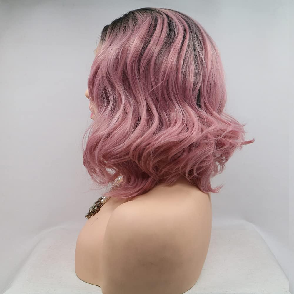 Xiweiya Ombre Light Orange Pink Puffy Curly Short Bob Wig with Black Roots Peach Pink Synthetic Lace Front Wigs Afro Curly Hair Middle Part Heat Resistant Fiber for Women Girl Drag Queen 16 inch - Image 4