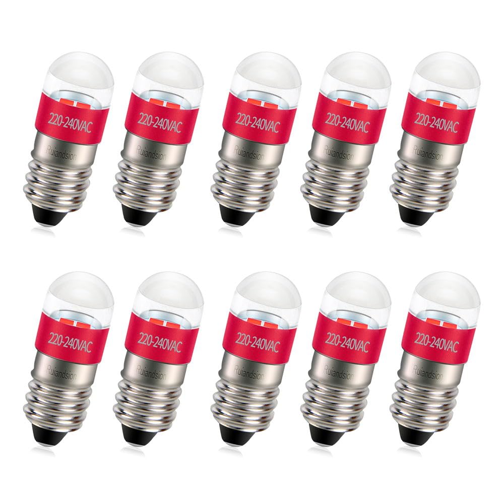 Ruiandsion 10 PCS E10 LED Bulb 220V 230V AC Screw Base Energy Saving Red LED Indicator Light E10 Base LED Upgrade Bulb
