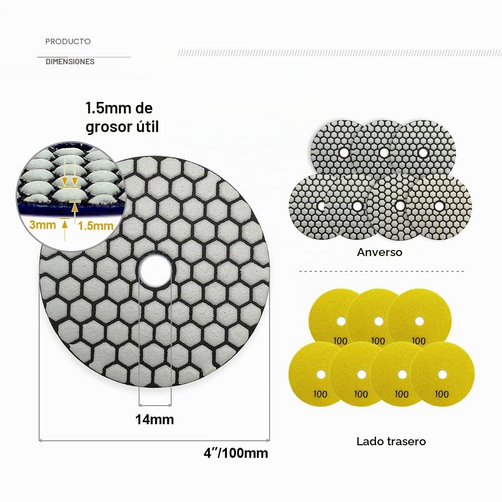 SHDIATOOL Diamante Almohadilla de Pulido 7 Piezas Grano 100 para Pulir en Seco Mármol Granito Piedra Cerámica Dia 100mm/4 Pulgadas