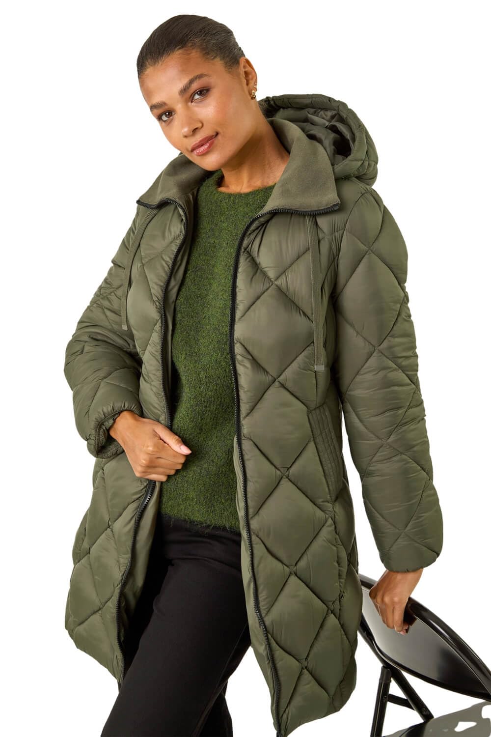 Roman Women's Khaki Hooded Diamond Quilt Padded Coat Size 10