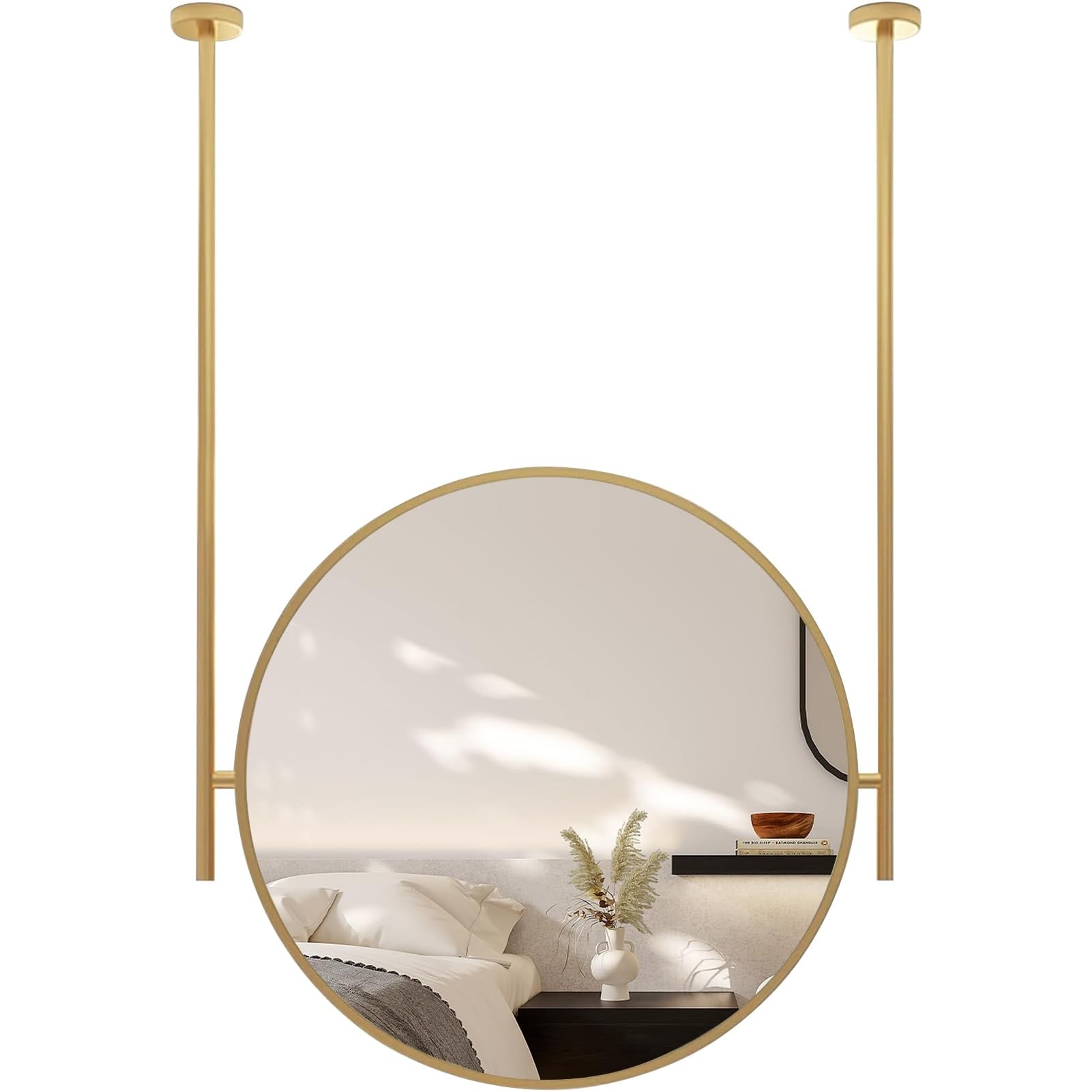 GLJTUO Gold Round Mirror for Ceiling Hanging Rod Wall Mounted Vanity Mirrors Home Hotel Bathroom - Floating with Metal Framed and Customizable Boom,One Color-Diameter-50CM