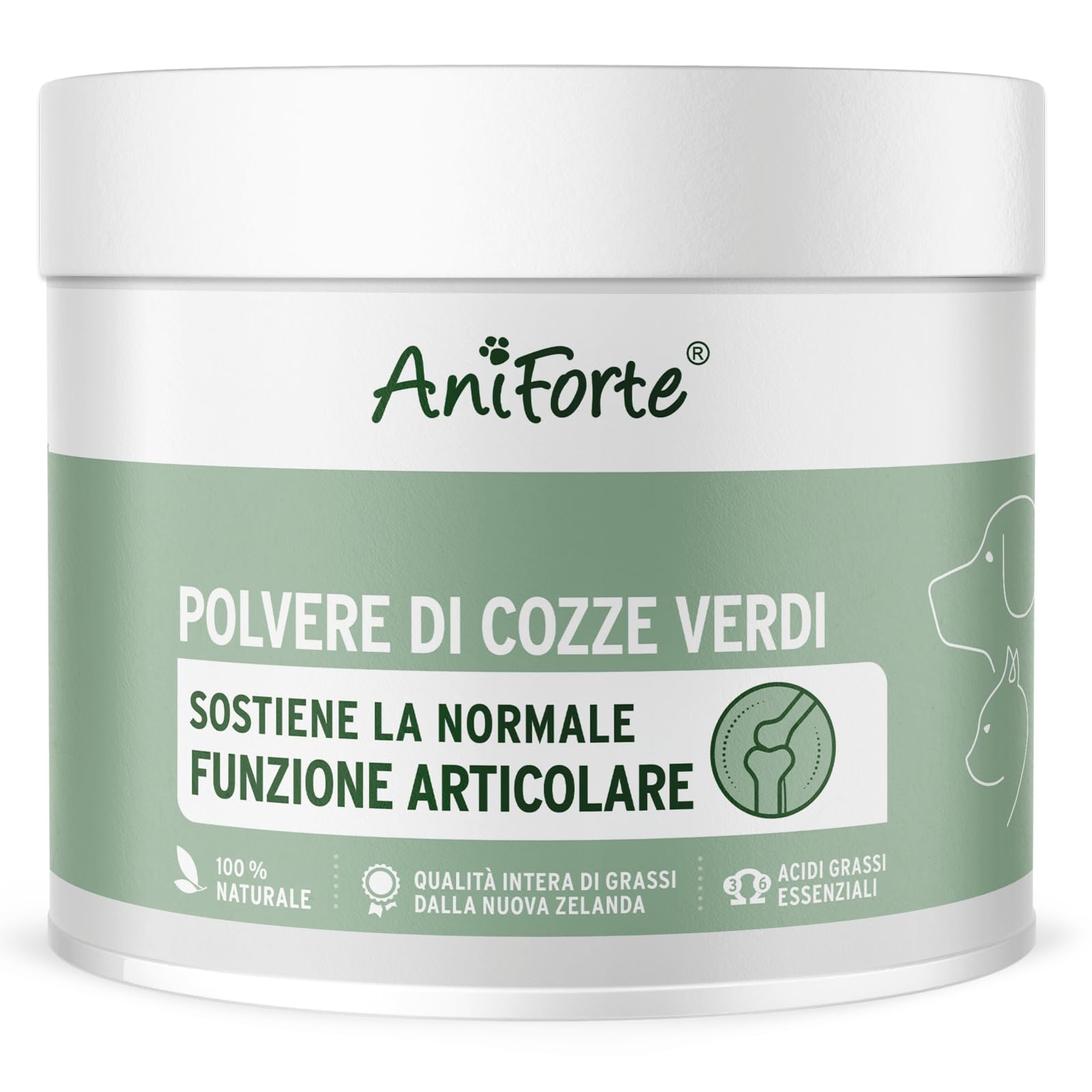 AniForte Polvere di cozze dalle Labbra Verdi per Cani e Gatti 250g – Integratori naturali in qualità di Grasso Completo, glicosaminoglicani, supporta le funzioni articolari