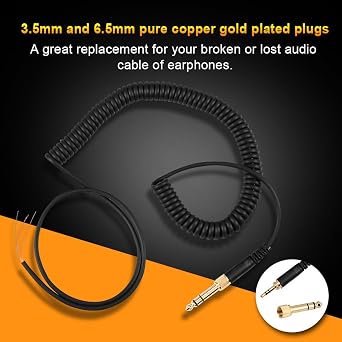 Hakeeta Coiled Audio Cable for 770/ 770Pro/ 990/ 990Pro Earphones, Audio Cable Replace Headphones Audio Spring Wire Coil Cable 3.5mm and 6.5mm Plug Black