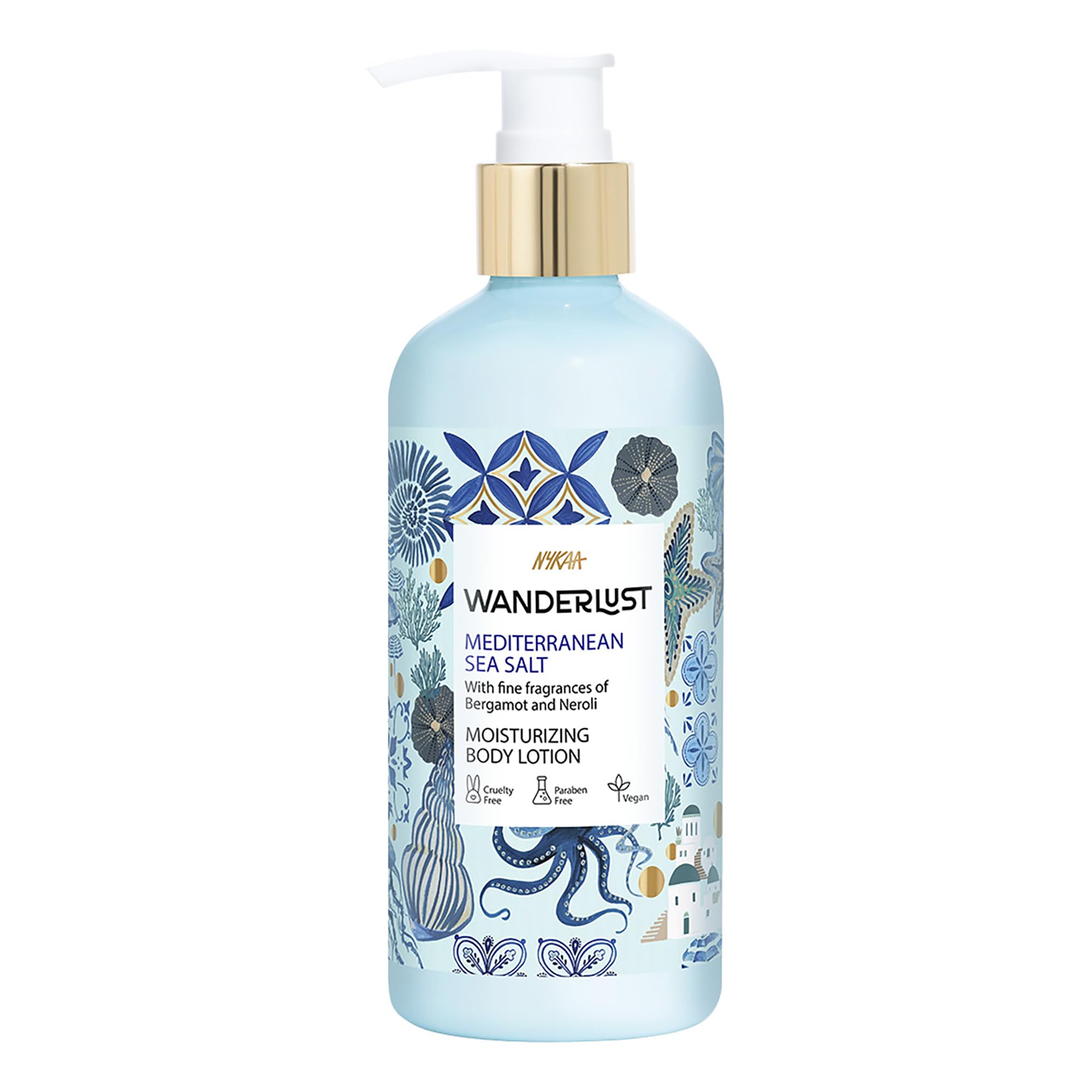 Nykaa Wanderlust Mediterranean sea salt Moisturising Body Lotion, 300 ml | Bergamot and Neroli Perfume | Lightweight, Long-Lasting Hydration | Vegan, Paraben-Free I | Suitable for All Skin Types