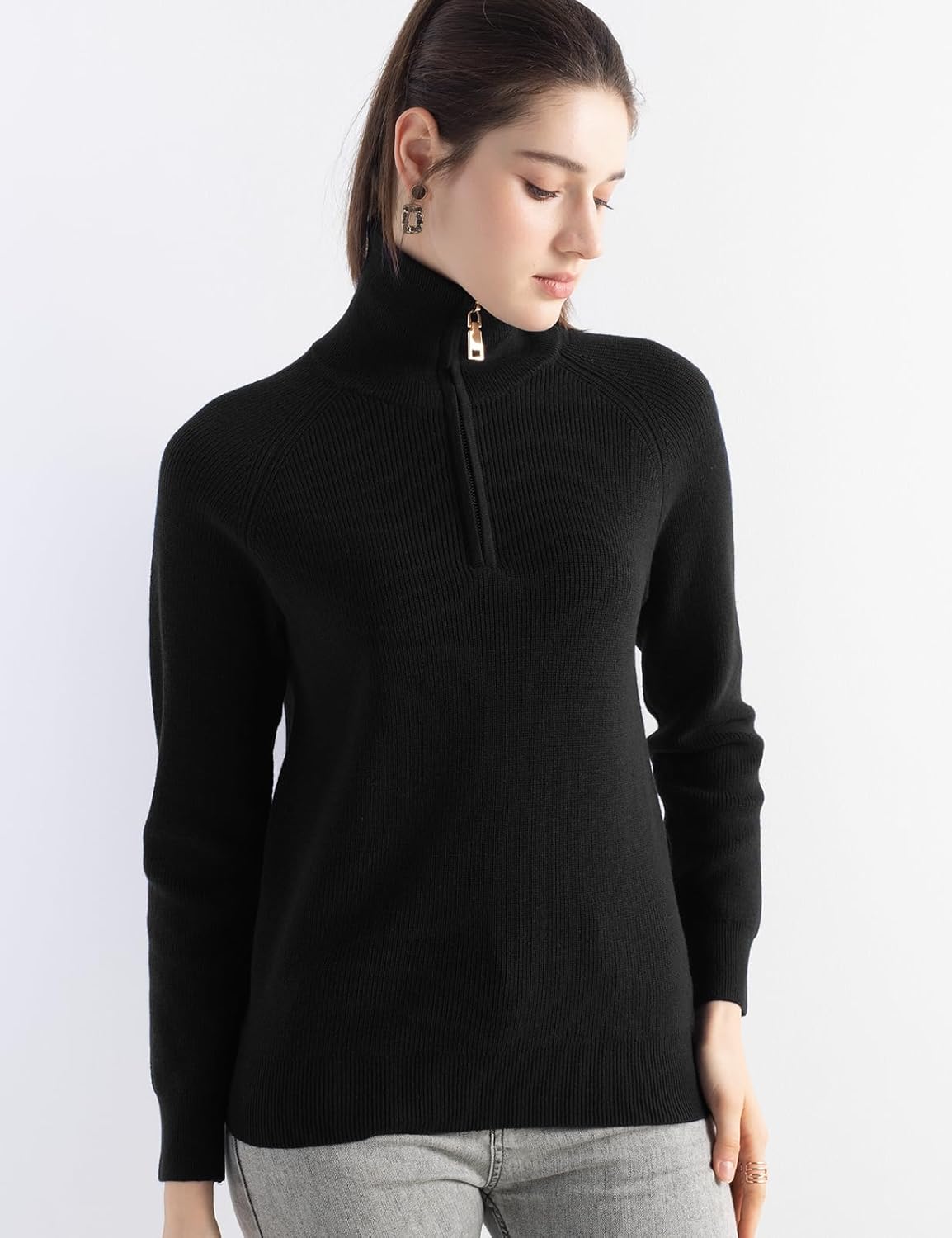 Women's Merino Wool Blend Sweater 2025 Fall Winter Trendy Polo V Neck 1/4 Zipper Long Sleeve Knit Pullover Sweater - Image 3