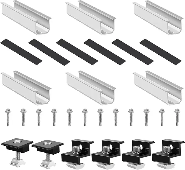 Imagen relacionada con nutmanel Soporte de panel solar, Kit de montaje de panel solar para 2 módulos fotovoltaicos, Soporte Placas Solares de Aluminio Ajustable, 30-35 mm, con Tuercas y Tornillos, para RV, Barco, Caravanas