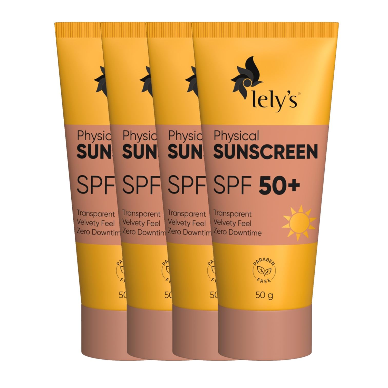 Lelys Physical Sunscreen (SPF 50+) - Transparent, velvet feel and zero downtime (50gms) : Pack of 4