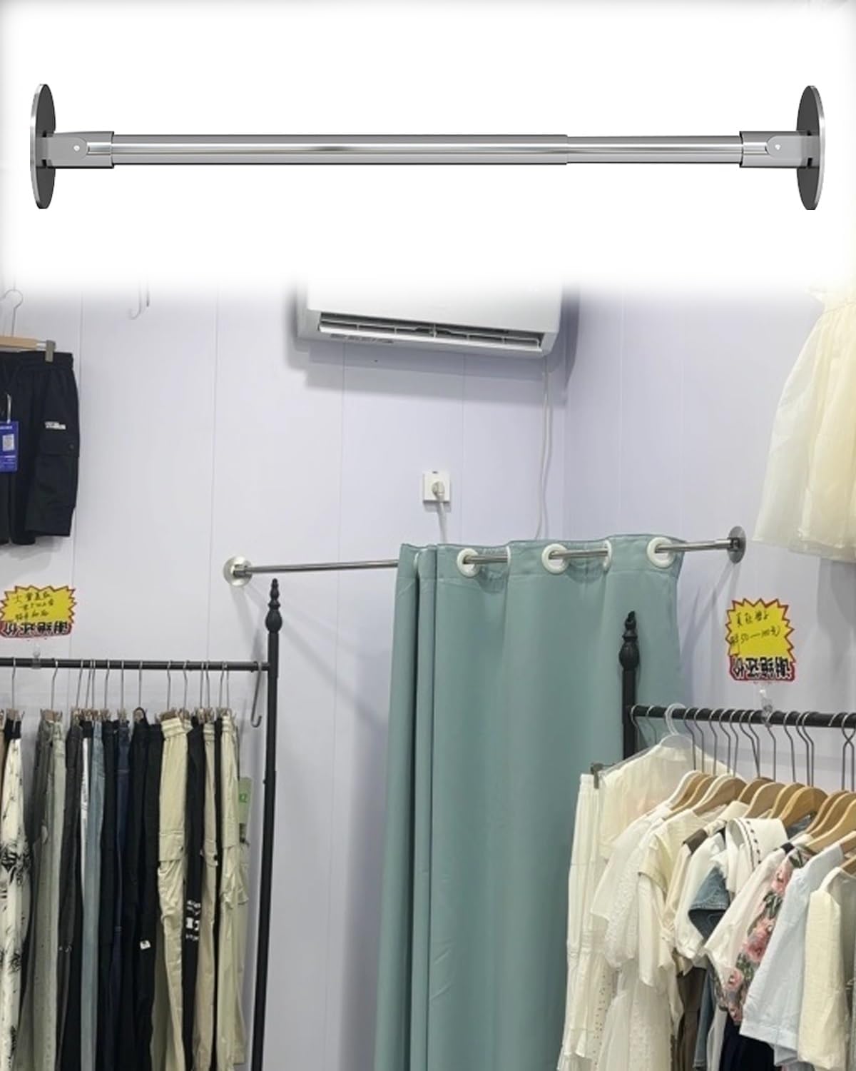 Adjustable Closet Rod for Angled Wall Clothing Store, Bathroom Corner Shower Curtain Bracket for Renter, Wardrobe Organization Pole(Silver,38-50cm(15"-19"))