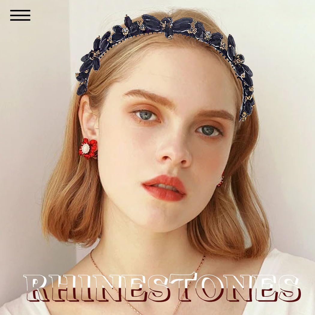 Thin Rhinestones Headband Blue Crystal Hair Bands Sparkle Beaded Head Bands for Women(Type A) (Black)