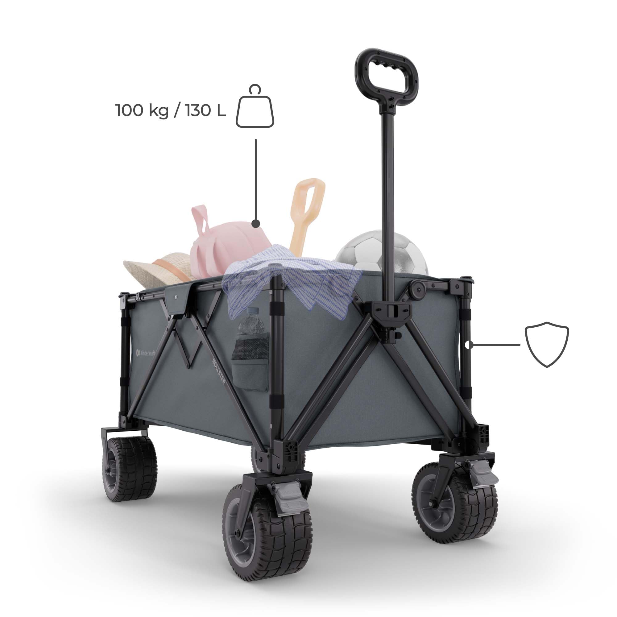 Kinderkraft ROLLSTER, Carro de Transporte Plegable, Capacidad de 130 litros, Capacidad de Carga de 100 kg, Peso Ligero de 10,3 kg, Gris