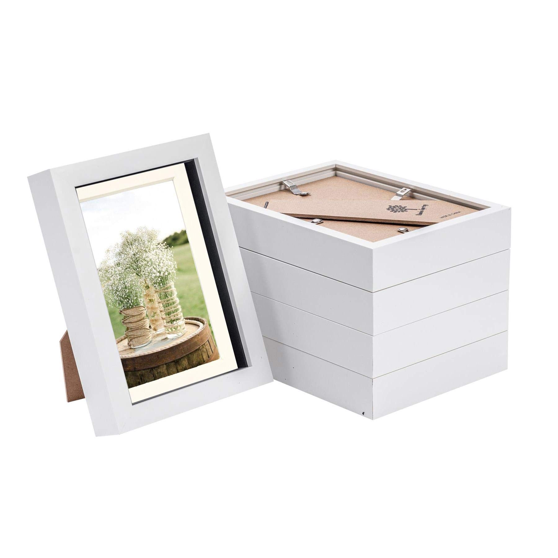 Nicola Spring White/Ivory 5 Piece 5 X 7 3D Shadow Box Photo Frame Set - Craft Display Picture Frame With 4 X 6 Mount - Glass Aperture