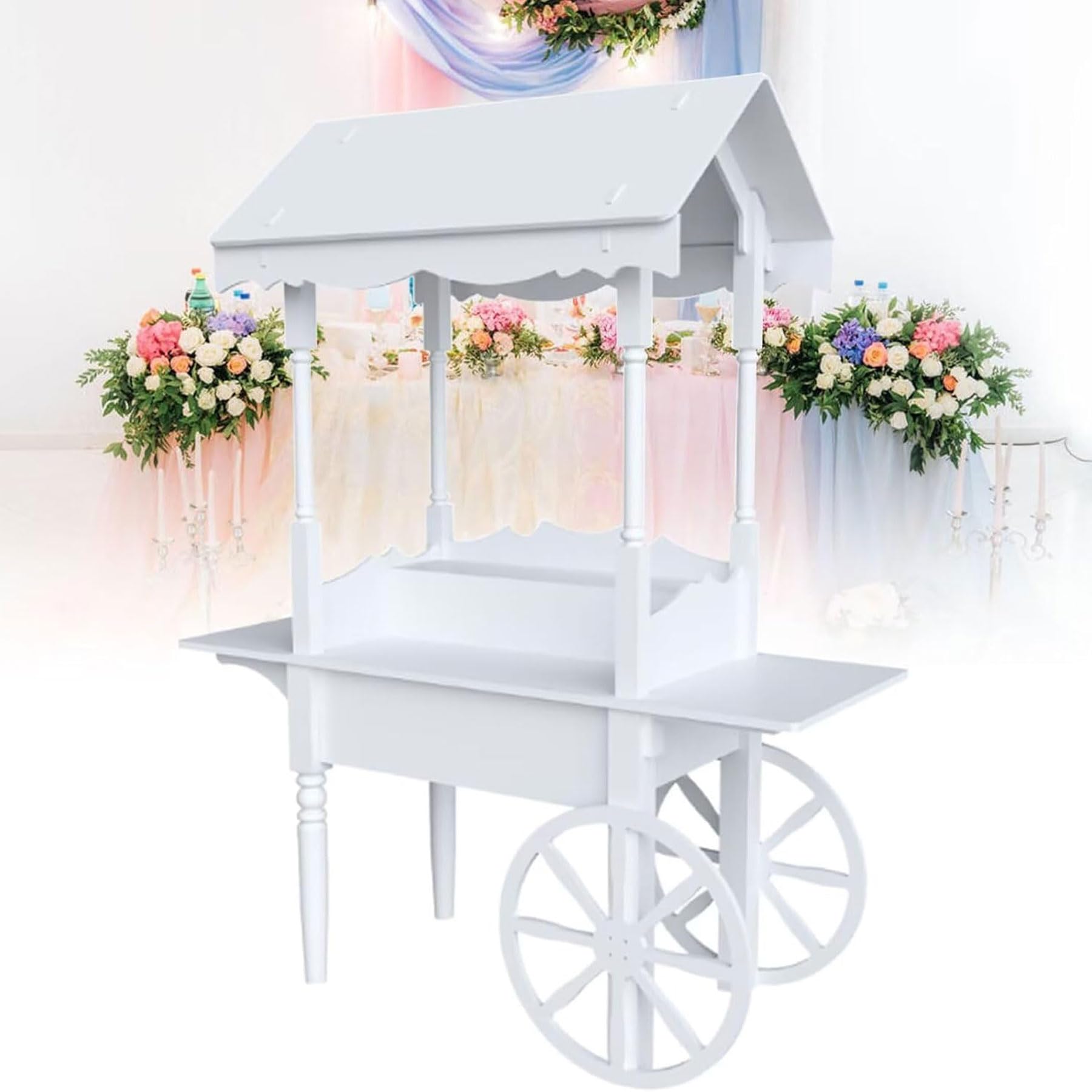 Carrito de caramelos blanco para bricolaje, mesa de 62 pulgadas, impresionante carrito de dulces para fiestas de cumpleaños, bodas y centros de mesa de baby shower, ruedas fijas para fotos