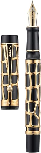 Jinhao 100 - Pluma estilográfica de punta media con adornos dorados, esqueleto, acrílico, negro, con convertidor y estuche de metal