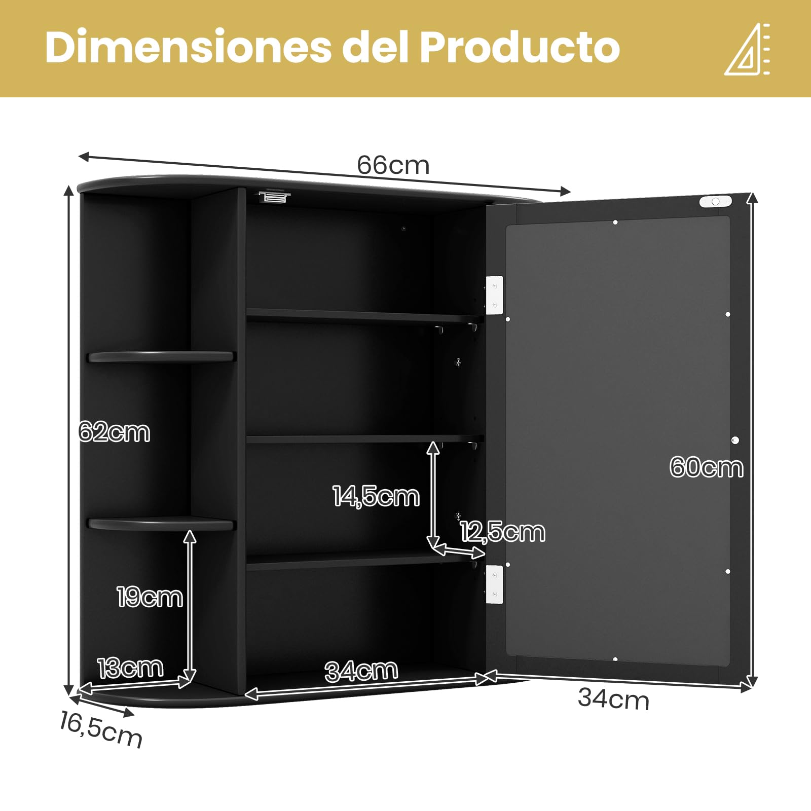 GIANTEX Armario de Baño de Pared, Armario Colgante de Madera con Puertas de Espejo, 6 Compartimentos Laterales y 4 Estantes de Almacenamiento, 65 x 17 x 63 cm (Negro)