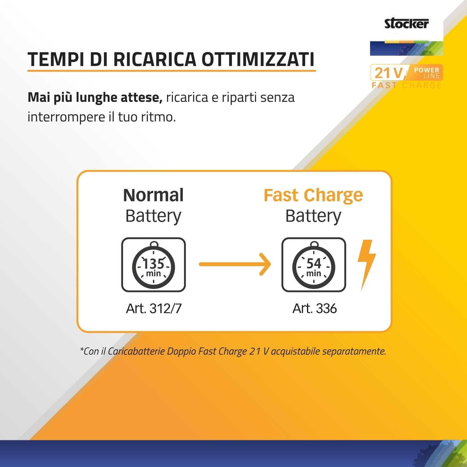 STOCKER - Batteria Fast Charge 21 V 2,6 Ah 56 Wh Li-Ion, Compatibile con Utensili Linea 21 V, Ricarica Rapida garantita con il caricatore adatto, Protezione Integrata