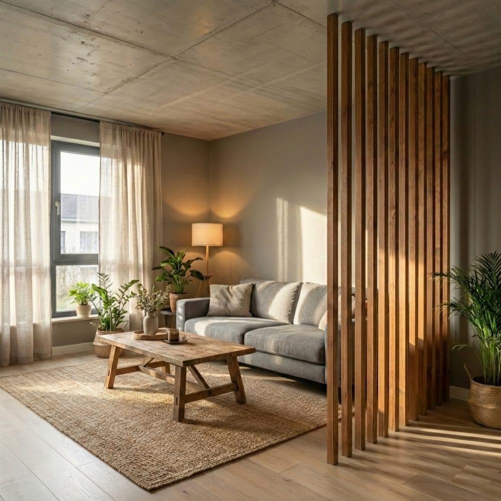 SUNWOOD Set 6 Listelli Legno Termotrattato 45x60mm x 300cm, Divisorio Autoportante Senza Fori, Parete Decorativa a Pressione per Interno ed Esterno, Legno Artigianale Thermo-Wood