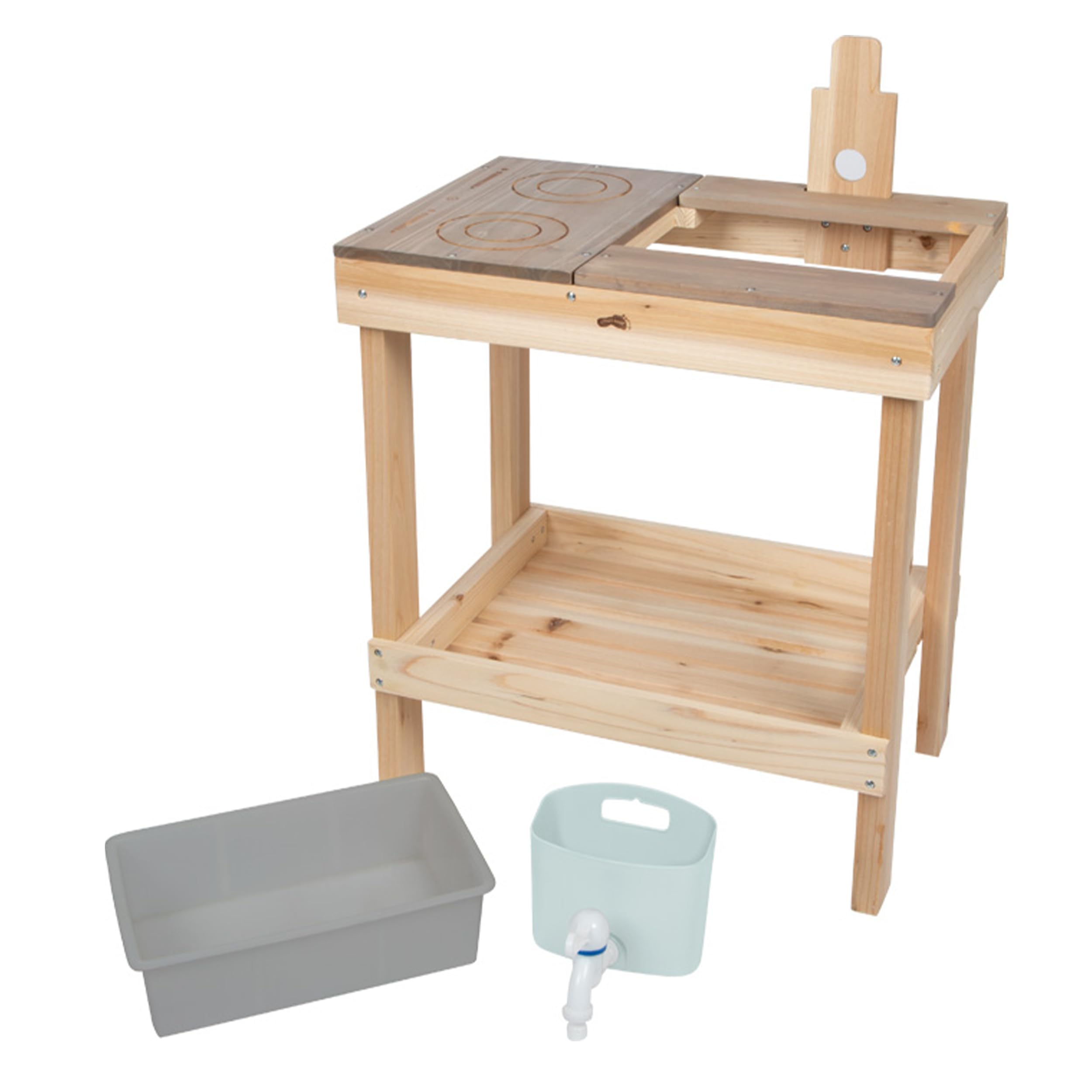 small foot Juego de cocina de barro para niños con juego de agua y juego de jardín, color verde | Cocina de juguete para exteriores con dispensador de agua, herramientas de jardín, placa de cocina y delantal