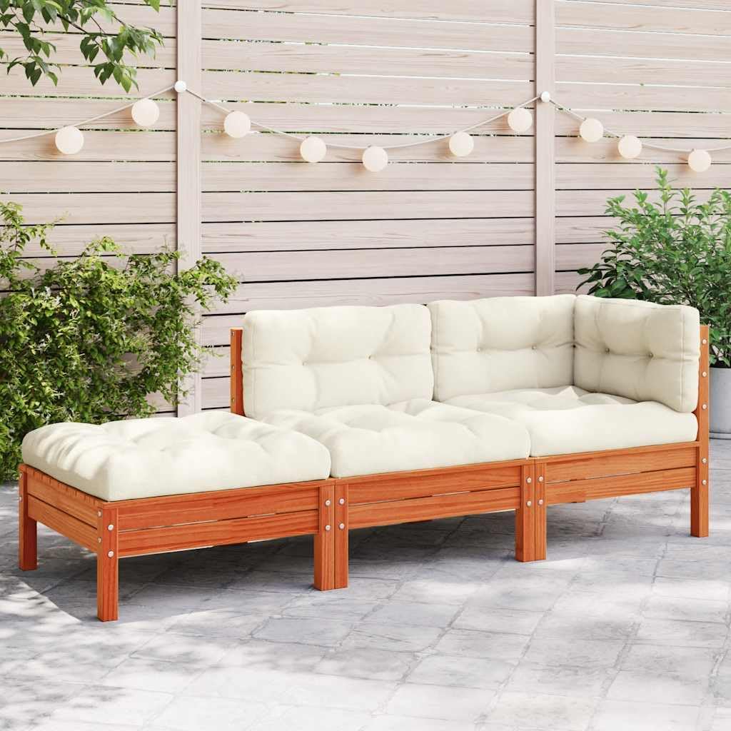 Modern 2-Seater Outdoor Sofa with Wax Brown Finish and Cream Cushions, Solid Pine Wood Garden Furniture for Patio, Includes Modular Footstool for Versatile Lounging and Easy