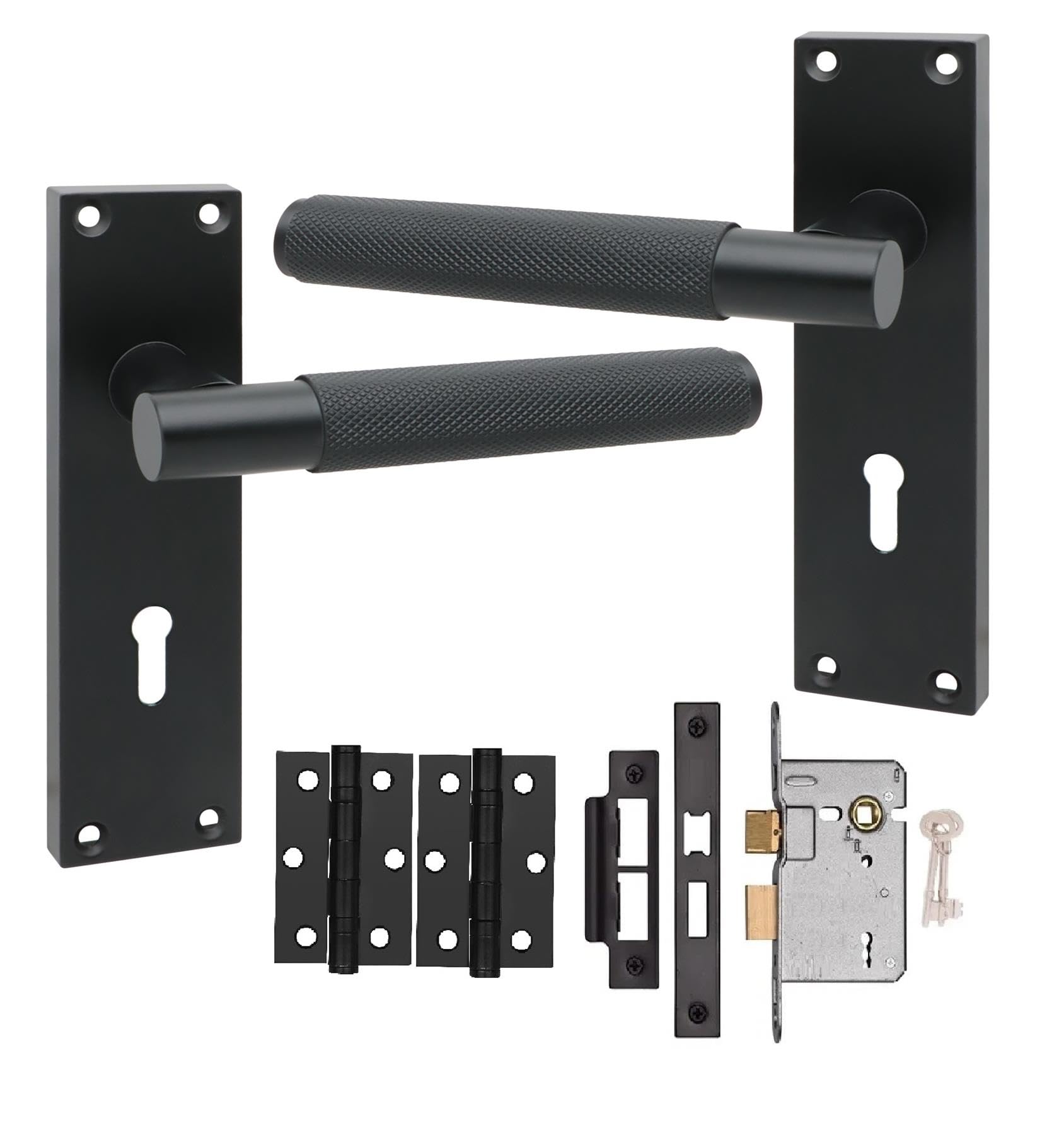 Golden Grace T-Bar Knurled Victorian Lock Door Handle 3 Lever Lock Matt Black Finish 150mm Long and Hinges