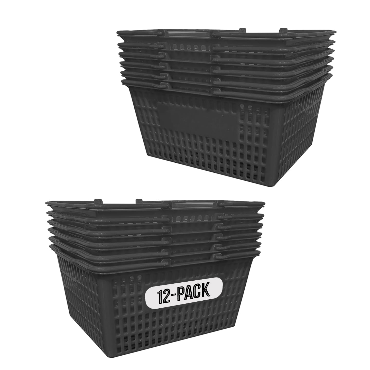 Stackable Plastic Shopping Baskets, Black, Easy-Grip Handles for Grocery, Retail, Liquor Stores, Home Use (Black, 12-pack)