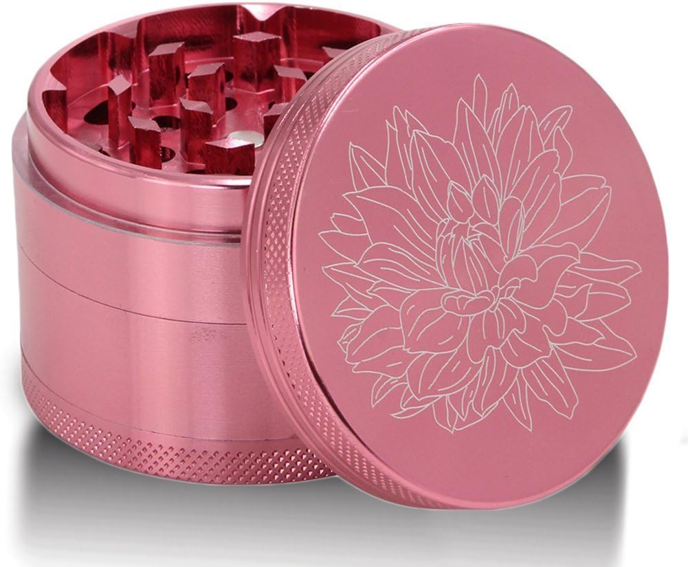 DCOU Premium Aluminium Spice Grinder with Pollen Catcher and Laser-Etched Floral Pattern, 63mm, Set of 4