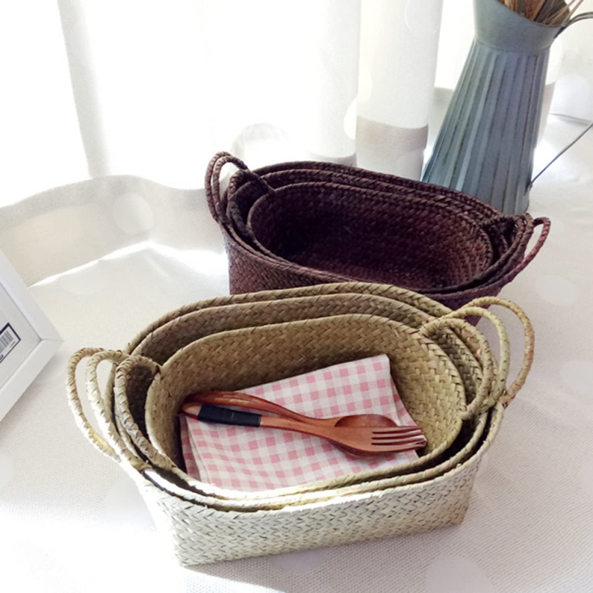Panier En Rotin Tressé Cabilock 37x26cm - Sac Fourre-tout Plage Ou Courses - Style Bohème