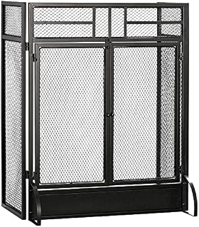 HOMCOM 3-Panel Folding Fireplace Screen with Door, Freestanding Spark Guard, Metal Mesh Fireguard, Black