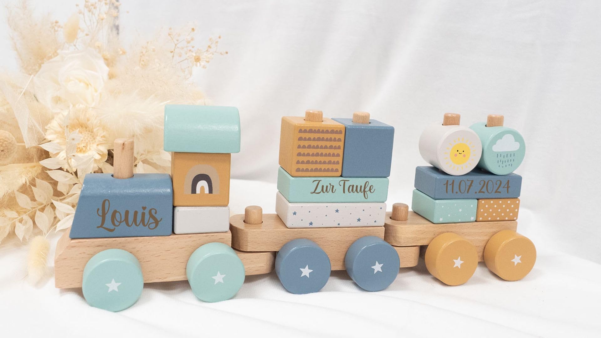 Holz Eisenbahn REGENBOGEN I Taufgeschenk Junge I Holz Zug mit Name personalisierbar Holzzug personalisiert I Babygeschenk Jungen