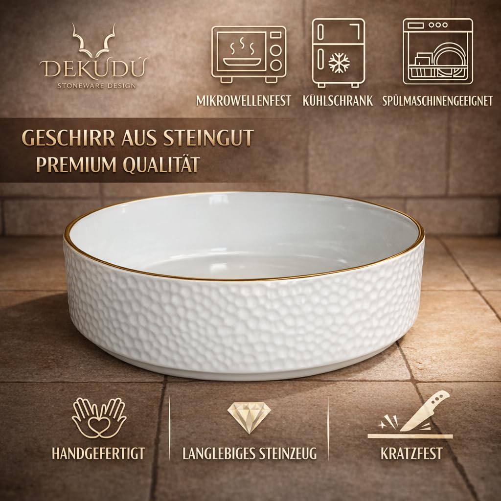 Salatschüssel Keramik Servierschüssel Servierplatte Steingut Teller - Handgefertigt - Hochwertiges Steinzeug- 1 Stück - Ø 25 cm - Spülmaschinen Mikrowellen ofenfest Kratzfest -Modern - Farbe Weiß