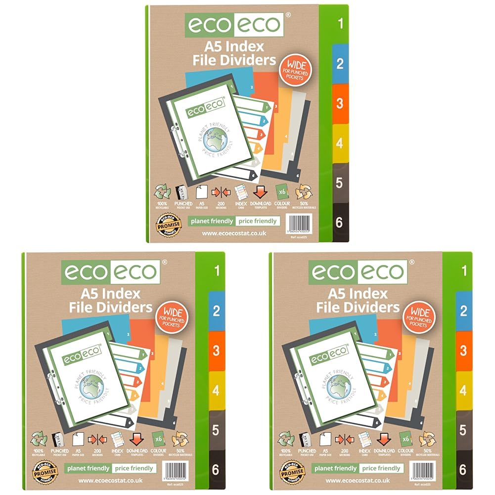eco-eco A5 50% Recycled Set 6 Wide Index File Dividers eco025 Multicolour (Pack of 3), Wide (Pack of 3)