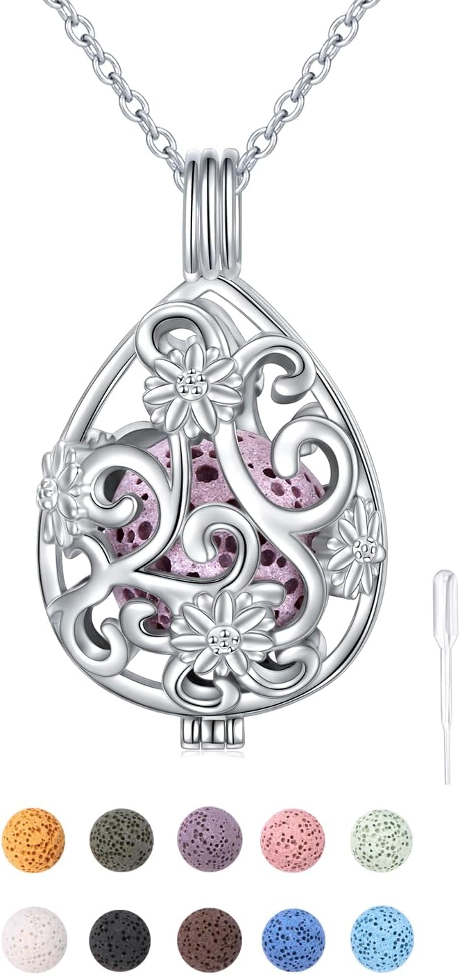 DAOCHONG S925 Sterling Silver Aromatherapy Essential Oil Diffuser Necklace Love Heart Locket Perfume Pendant Necklace Jewelry 18+2" Adjustable Chain