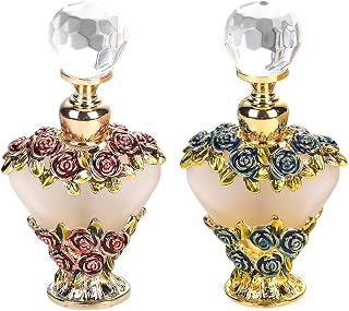 Rayberro Heart Rose Vintage Perfume Bottle, 2 Pack 5ML Crystal Rhinestone Inlayed Decorative Perfume Bottles, Empty Refillable Essential Oil Dropper Bottle, Glass Perfume Bottles for Women Girl Gift