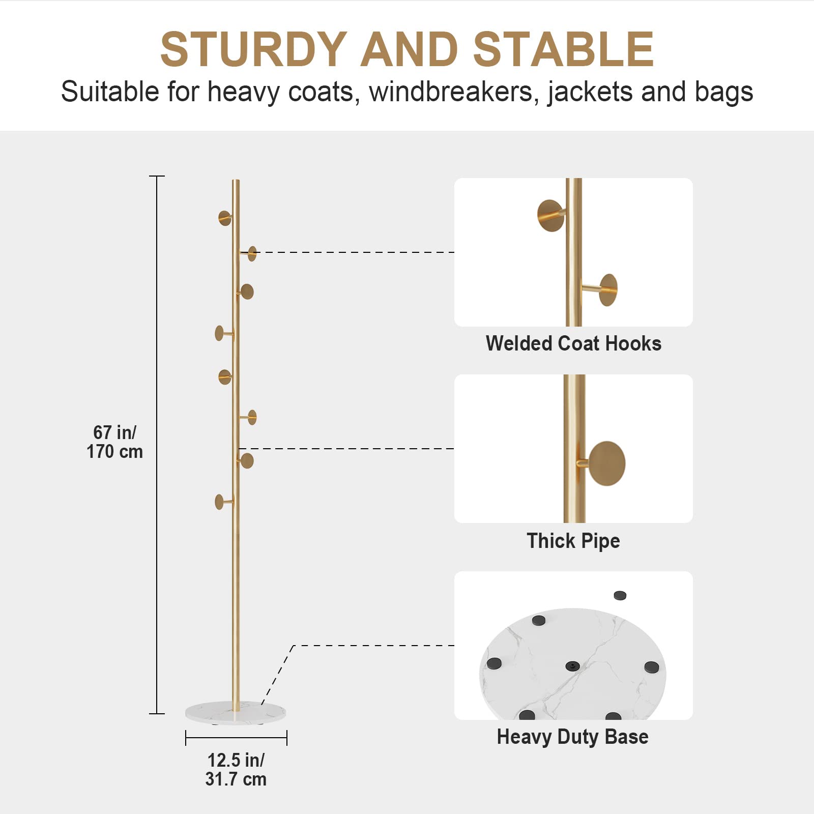 RRG Coat Rack Stand, Metal Coat Tree with Heavy Base 8 Welded Hooks Coat Stand for Entryway, Hall, Bedroom, Corner, Office 67” (Gold)