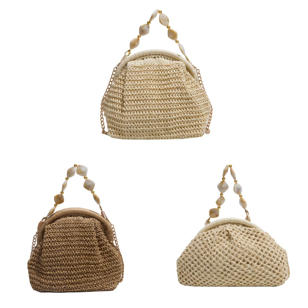 Bolso de paja natural para mujer, retro ligero con cadena de perlas de concha, bolso de playa grande para viajes y ocio