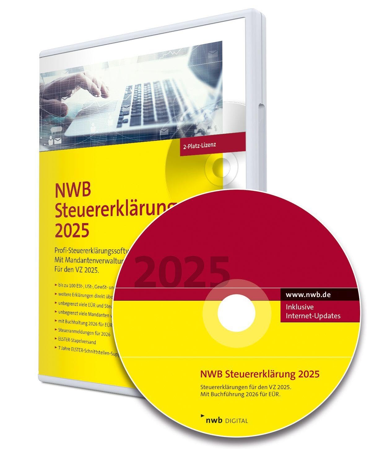 NWB Steuererklärung 2025 – 2-Platz-Lizenz: Profi-Steuererklärungssoftware. Für den VZ 2025. Mit Buchführung 2026 für EÜR. 7 Jahre Elster-Schnittstellen-Support. CD-Version.